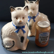 Load image into Gallery viewer, Cute Little Pair of Antique Staffordshire Pottery Mantle Cats with Blue Bows; c 1900
