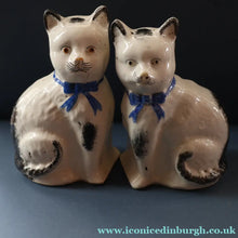 Load image into Gallery viewer, Cute Little Pair of Antique Staffordshire Pottery Mantle Cats with Blue Bows; c 1900
