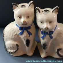 Load image into Gallery viewer, Cute Little Pair of Antique Staffordshire Pottery Mantle Cats with Blue Bows; c 1900
