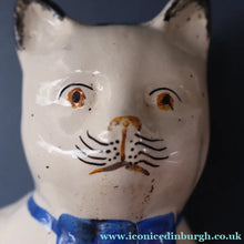 Load image into Gallery viewer, Cute Little Pair of Antique Staffordshire Pottery Mantle Cats with Blue Bows; c 1900
