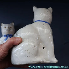 Load image into Gallery viewer, Cute Little Pair of Antique Staffordshire Pottery Mantle Cats with Blue Bows; c 1900
