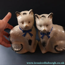 Load image into Gallery viewer, Cute Little Pair of Antique Staffordshire Pottery Mantle Cats with Blue Bows; c 1900
