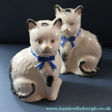 Load image into Gallery viewer, Cute Little Pair of Antique Staffordshire Pottery Mantle Cats with Blue Bows; c 1900
