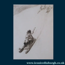 Load image into Gallery viewer, Cute Original Etching by EILEEN ALICE SOPER (1905 - 1990). Entitled Tobogganing  Signed in Pencil
