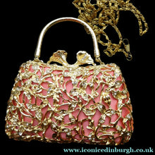 Load image into Gallery viewer, Vintage GOLD Minaudierie Bag or Purse; with Gold Casing Embellished with Diamante &amp; Pink Fabric
