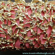Load image into Gallery viewer, Vintage GOLD Minaudierie Bag or Purse; with Gold Casing Embellished with Diamante &amp; Pink Fabric
