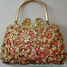 Load image into Gallery viewer, Vintage GOLD Minaudierie Bag or Purse; with Gold Casing Embellished with Diamante &amp; Pink Fabric
