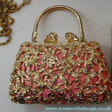 Load image into Gallery viewer, Vintage GOLD Minaudierie Bag or Purse; with Gold Casing Embellished with Diamante &amp; Pink Fabric
