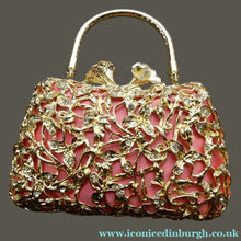 Load image into Gallery viewer, Vintage GOLD Minaudierie Bag or Purse; with Gold Casing Embellished with Diamante &amp; Pink Fabric
