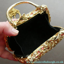 Load image into Gallery viewer, Vintage GOLD Minaudierie Bag or Purse; with Gold Casing Embellished with Diamante &amp; Pink Fabric
