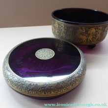 Load image into Gallery viewer, Moser Karlsbad AMETHYST GLASS Lidded Trinket Box with Four Ball Feet. Battle of the Centaurs. SIGNED
