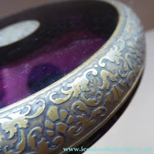 Load image into Gallery viewer, Moser Karlsbad AMETHYST GLASS Lidded Trinket Box with Four Ball Feet. Battle of the Centaurs. SIGNED
