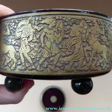 Load image into Gallery viewer, Moser Karlsbad AMETHYST GLASS Lidded Trinket Box with Four Ball Feet. Battle of the Centaurs. SIGNED
