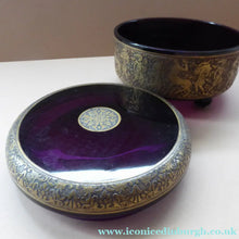 Load image into Gallery viewer, Moser Karlsbad AMETHYST GLASS Lidded Trinket Box with Four Ball Feet. Battle of the Centaurs. SIGNED
