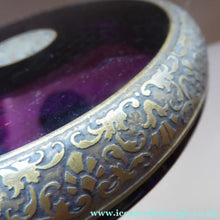 Load image into Gallery viewer, Moser Karlsbad AMETHYST GLASS Lidded Trinket Box with Four Ball Feet. Battle of the Centaurs. SIGNED
