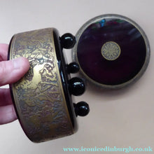 Load image into Gallery viewer, Moser Karlsbad AMETHYST GLASS Lidded Trinket Box with Four Ball Feet. Battle of the Centaurs. SIGNED

