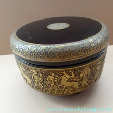 Load image into Gallery viewer, Moser Karlsbad AMETHYST GLASS Lidded Trinket Box with Four Ball Feet. Battle of the Centaurs. SIGNED
