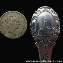 Load image into Gallery viewer, DANISH SILVER PLATE. Vintage Souvenir Caddy Spoon. Copenhagen Finial designs by Axel Prip
