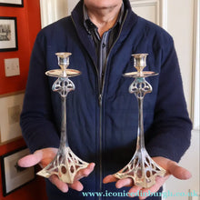 Load image into Gallery viewer, Decorative Silver Plate Pair of Vintage ART NOUVEAU WMF Style of Candlesticks
