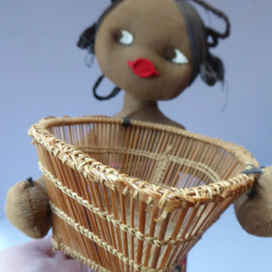 CLOTH DOLL. Vintage 1950s Native Lady Doll. Hand Made Lady Carrying a Wicker Basket and with Baby on her Back