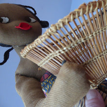 Load image into Gallery viewer, CLOTH DOLL. Vintage 1950s Native Lady Doll. Hand Made Lady Carrying a Wicker Basket and with Baby on her Back
