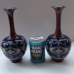 VICTORIAN. Matching Pair of ROYAL DOULTON LAMBETH Tube Lined Art Nouveau Faience Bottle / Trumpet Vases