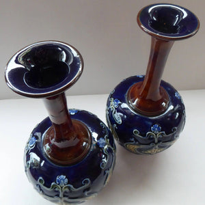 VICTORIAN. Matching Pair of ROYAL DOULTON LAMBETH Tube Lined Art Nouveau Faience Bottle / Trumpet Vases