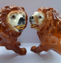 Load image into Gallery viewer, ANTIQUE PAIR of Victorian Standing Staffordshire Style Bo&#39;ness Lions. Large &amp; Substantial Pair in Excellent Condition
