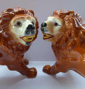 ANTIQUE PAIR of Victorian Standing Staffordshire Style Bo'ness Lions. Large & Substantial Pair in Excellent Condition