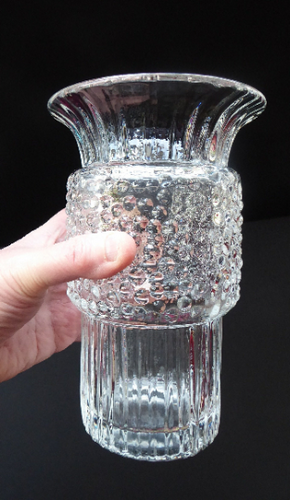 Vintage Clear Glass Vase with Trumpet Shaped Rim and Dimpled Neck; Probably Czech Sklo