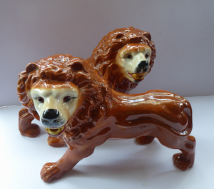 ANTIQUE PAIR of Victorian Standing Staffordshire Style Bo'ness Lions. Large & Substantial Pair in Excellent Condition