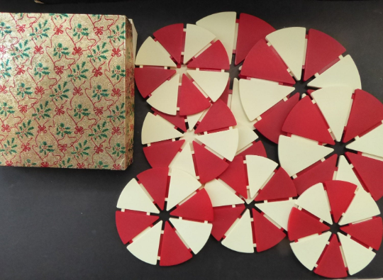Rare and Unusual 1960s Red and White Plastic Place Mats and Coasters In Christmas Box
