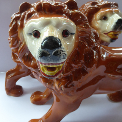 ANTIQUE PAIR of Victorian Standing Staffordshire Style Bo'ness Lions. Large & Substantial Pair in Excellent Condition