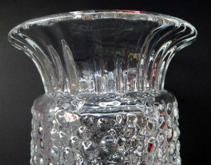 Vintage Clear Glass Vase with Trumpet Shaped Rim and Dimpled Neck; Probably Czech Sklo