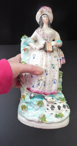 Antique Victorian Staffordshire Figurine. Lady Playing a Concertina with Lamb at her Feet