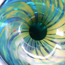 Load image into Gallery viewer, Early 1970s Signed Mdina Glass Vase (Ming Pattern). Unusual colours &amp; nice squat shape with flared trumpet neck
