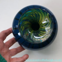 Load image into Gallery viewer, Early 1970s Signed Mdina Glass Vase (Ming Pattern). Unusual colours &amp; nice squat shape with flared trumpet neck

