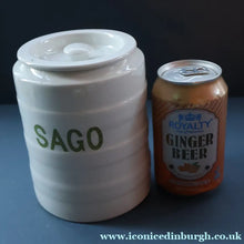 Load image into Gallery viewer, Early 20th Century Antique Grimwades White Hooped Household Jar or Canister. SAGO (in green letters)
