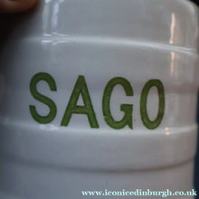 Load image into Gallery viewer, Early 20th Century Antique Grimwades White Hooped Household Jar or Canister. SAGO (in green letters)
