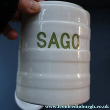 Load image into Gallery viewer, Early 20th Century Antique Grimwades White Hooped Household Jar or Canister. SAGO (in green letters)
