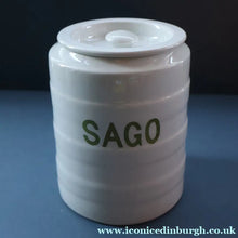 Load image into Gallery viewer, Early 20th Century Antique Grimwades White Hooped Household Jar or Canister. SAGO (in green letters)
