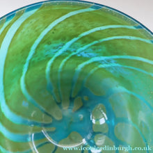 Load image into Gallery viewer, Early MDINA (Malta) Glass Ming Bowl with Green and Blue Stripes. Etched Signature on the Base
