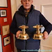 Load image into Gallery viewer, ECCLESIASTICAL ART. Unusual Pair of Vintage Handmade Solid Brass Half Dome Church Candlesticks
