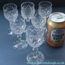 Load image into Gallery viewer, SET OF SIX EDINBURGH CRYSTAL (EDI8 Pattern) Small White Wine Glasses. SIGNED Height 4 5/8 inches
