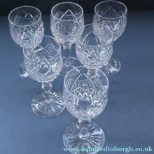 Load image into Gallery viewer, SET OF SIX EDINBURGH CRYSTAL (EDI8 Pattern) Small White Wine Glasses. SIGNED Height 4 5/8 inches
