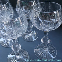 Load image into Gallery viewer, SET OF EIGHT Vintage Edinburgh Crystal HOCK Wine Glasses. STAR OF EDINBURGH: 6 1/4 inches. Engraved with letter "C"
