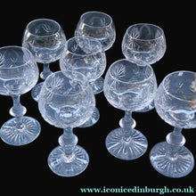 Load image into Gallery viewer, SET OF EIGHT Vintage Edinburgh Crystal HOCK Wine Glasses. STAR OF EDINBURGH: 6 1/4 inches. Engraved with letter ’C’

