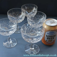 Load image into Gallery viewer, Vintage EDINBURGH CRYSTAL Champagne Coupes / Sorbet Dishes with Stylish &amp; Rarer LOCHIEL Pattern. 4 1/2 inches
