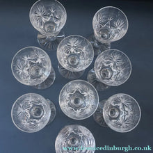 Load image into Gallery viewer, EDINBURGH CRYSTAL. Set of NINE Matching Sherry Glasses. STAR OF EDINBURGHPattern. 4 1/2 inches

