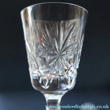 Load image into Gallery viewer, EDINBURGH CRYSTAL. Set of NINE Matching Sherry Glasses. STAR OF EDINBURGHPattern. 4 1/2 inches
